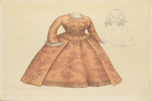 Ausführliches 18. Jahrhundert Kostüm-Design-Zeichnung eines bodenlangen Kleides mit hohem Kragen, mit einem floral gemusterten Oberteil in Rosa, Lila und Blau und einem Spitzenbesatz an Rock gegen einen hellblauen Hintergrund.