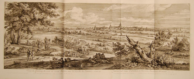 Offenes Buch mit der Aufschrift 'Ansicht der Schlacht von Castellum und Castellium aus dem Illustrated London News', das eine Landschaft mit einer Gruppe von Menschen im Vordergrund, Bäumen, Pflanzen, Gebäuden im Hintergrund und Wolken am Himmel zeigt.