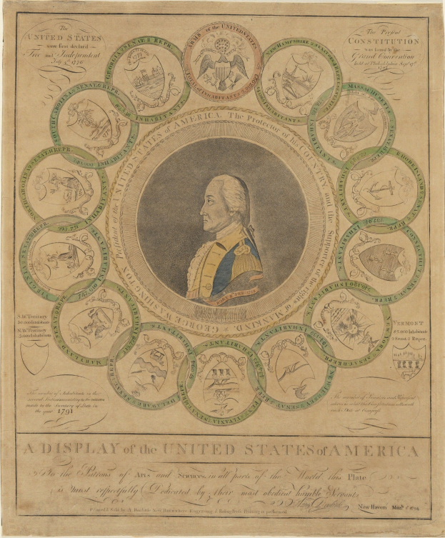 Ein Blatt Papier mit einem Porträt von George Washington in der Mitte, umgeben von einer kreisförmigen Anordnung von US-Münzen mit verschiedenen Designs und begleitendem Text.