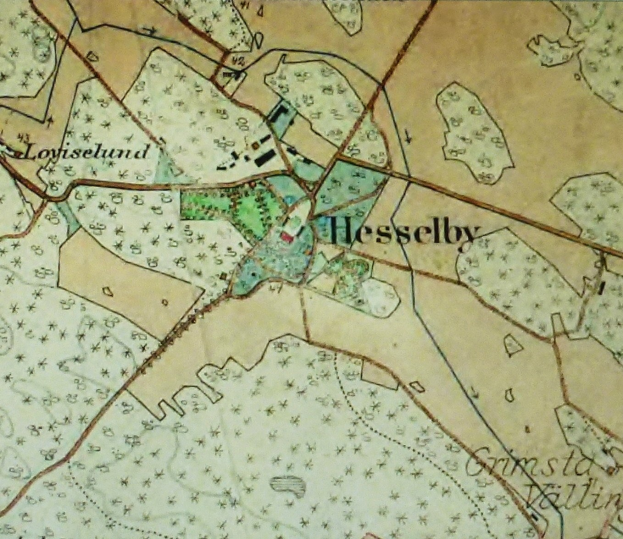 Alte detaillierte Karte von Hesselby mit Straßen, Gebäuden und Landmarken mit nummerierten Texten, die die Standorte der Stadt angeben.