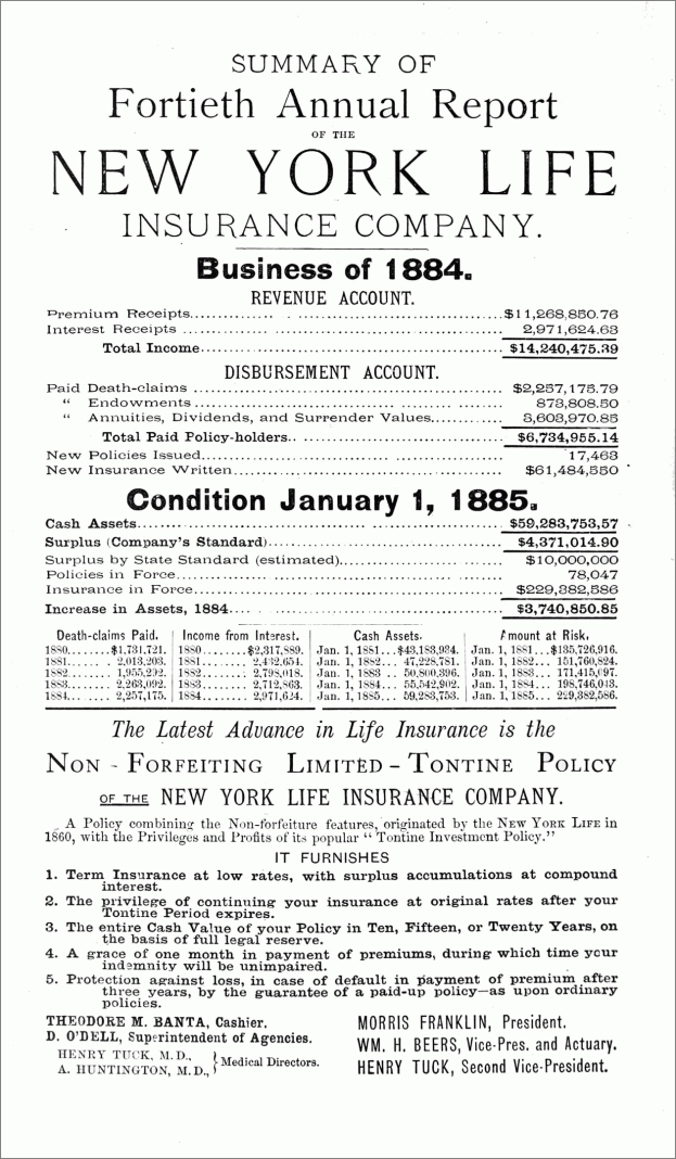 Schwarzes und weißes Papier mit dem Text "New York Life Insurance Company, Geschäft von 1884", das den Jahresbericht von 1884 zusammenfasst.