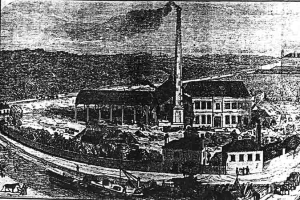 Eine Schwarz-Weiß-Zeichnung einer Fabrik in einem Feld mit Gebäuden, Bäumen und einem Mast im Vordergrund und Text unten, der "The New York State Penitentiary" liest.