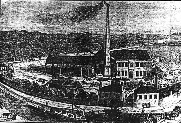 Eine Schwarz-Weiß-Zeichnung einer Fabrik in einem Feld mit Gebäuden, Bäumen und einem Mast im Vordergrund und Text unten, der "The New York State Penitentiary" liest.