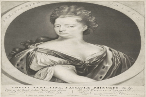 Schwarzes und weißes Porträt von Amelia Anhaltina, der Prinzessin von Nassau, mit einem menschlichen Gesicht und Text unten.