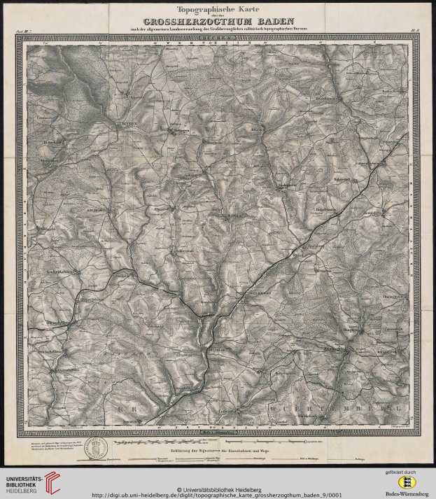 Ein gerahmter topografischer Stadtplan von Baden-Württemberg, Deutschland, der Geländeformen, Höhenmeter und geografische Merkmale mit Texten zu Städten, Dörfern und anderen Orten zeigt.