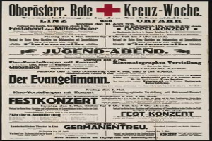 Ein altes deutsches Zeitungsinserat für das Deutsche Rote Kreuz aus dem April 1916 mit Text und einem Pluszeichen.