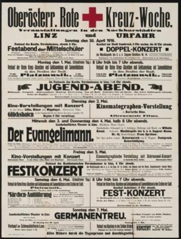 Ein altes deutsches Zeitungsinserat für das Deutsche Rote Kreuz aus dem April 1916 mit Text und einem Pluszeichen.