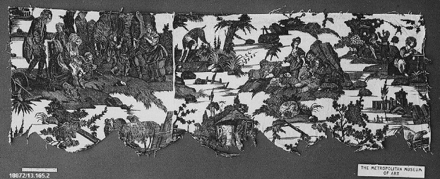 Schwarz-weiß-Zeichnung einer Gruppe von Menschen im Wald mit Bäumen und Pflanzen im Hintergrund, unterschrieben "The Metropolitan Museum of Art" unten.