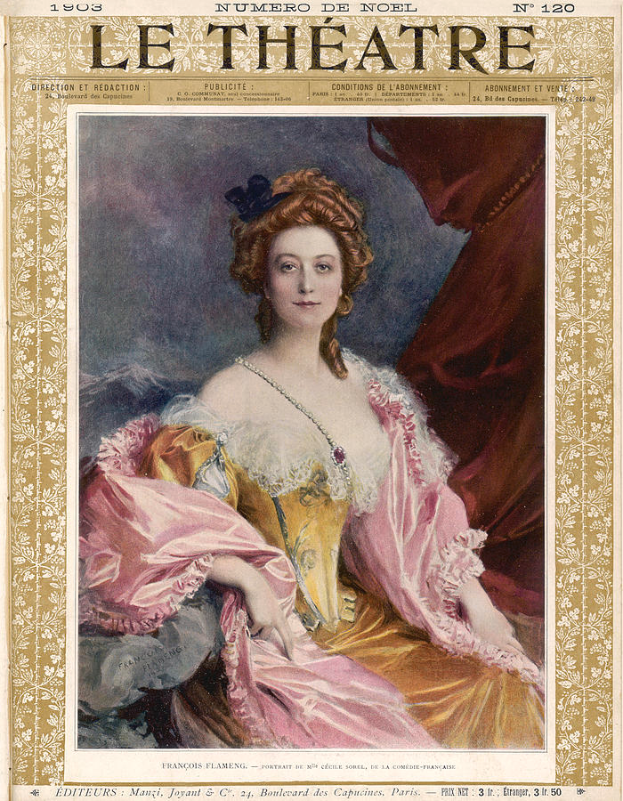 Eine Frau in einem pinken Kleid mit zurückgebundenem Haar, die direkt in die Kamera schaut, auf dem Cover eines Magazins mit der Aufschrift "Le Theatre".