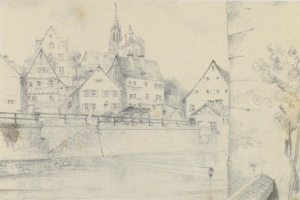 Ein Bleistift-Zeichnung mit dem Titel "Nürnberg, Deutschland" von Joseph Mallord William Turner, die eine Stadtlandschaft mit einem Fluss, Gebäuden, Bäumen und einer Brücke zeigt.