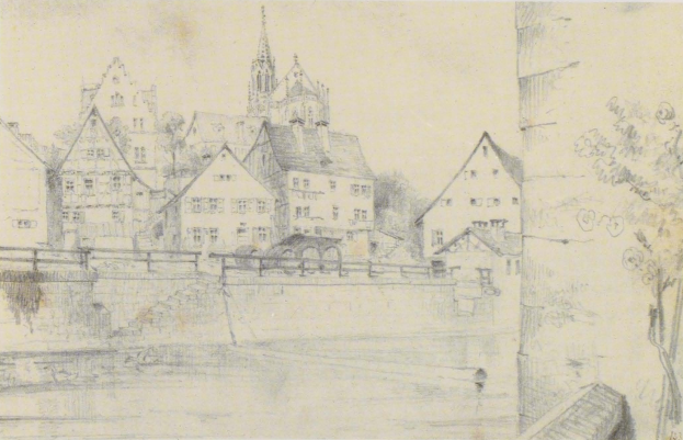 Ein Bleistift-Zeichnung mit dem Titel "Nürnberg, Deutschland" von Joseph Mallord William Turner, die eine Stadtlandschaft mit einem Fluss, Gebäuden, Bäumen und einer Brücke zeigt.