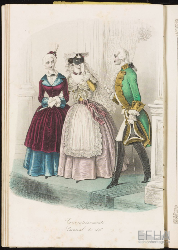 Ein aufgeschlagenes Buch mit dem Titel "Cravestissements, Carnival de 1781" mit einer Zeichnung von drei Frauen in farbenfrohen, detaillierten Kleidern und einem Mann in einem grünen Anzug, wahrscheinlich aus dem 18. Jahrhundert.