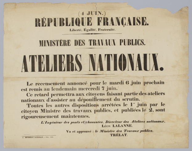 Ein Blatt Papier mit der Aufschrift "Ateliers Nationalaux - République Française - Ministère des Travaux Publics".