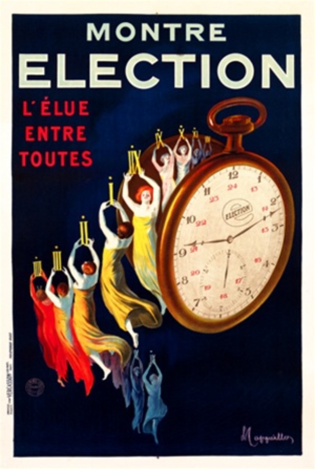 Ein nostalgisches französisches Wahlplakat mit einem dezenten Farbschema aus Blautönen, Grautönen und Weiß, das eine Gruppe von Menschen in traditioneller Kleidung zeigt, die Gegenstände halten, eine tickende Uhr und den Text "Montre Election" in fetter schwarzer Schrift.