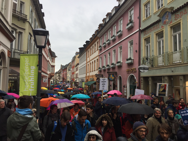 Große Gruppe von Menschen geht auf einer Straße mit Regenschirmen, einige tragen Taschen und halten Schilder, während sie an einem Klimastreik in Deutschland teilnehmen.
