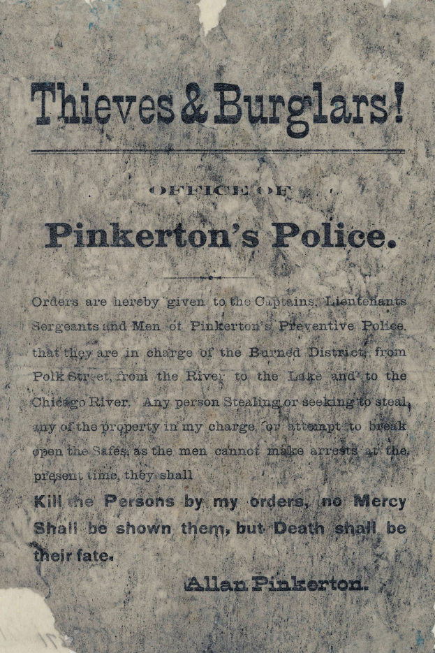Ein Plakat mit fetter schwarzer Schrift, die 'Thieves & Burglars Pinkerton's Police' lautet, auf einem weißen Hintergrund zentriert, von einem schmalen schwarzen Rahmen umgeben.