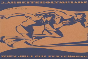 Plakat für die Olympischen Spiele 1932 in Berlin mit zwei Läufern im Vordergrund und Text mit Ereignisdetails.