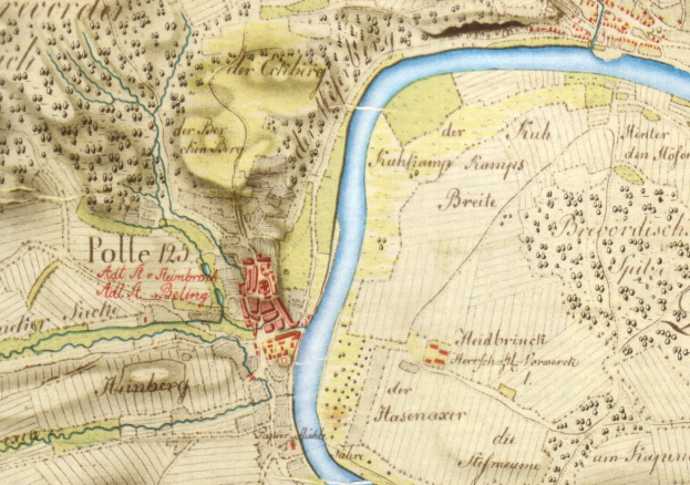 Ausfühliches altes Stadtplan von Polle, Deutschland, mit einem Fluss, Straße und Gebäude markiert.
