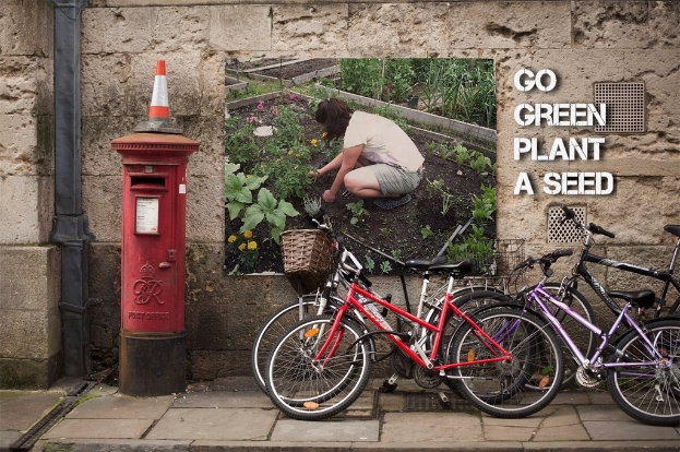 Fahrräder in der Nähe einer Briefkasten mit einer Sicherheitskegel darauf, ein Plakat an einer Wand im Hintergrund und ein Weg am unteren Bildrand.