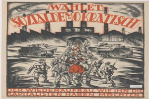 Eine Gruppe von Menschen und Fahrzeugen im Vordergrund mit einem Gebäude im Hintergrund auf einem deutschen Propagandaplakat für die Nazi-Partei der Sowjetunion, mit der Aufschrift "Wahlet Sozialdemokratisch - der Wiederaufbau wiehn die kapitalisten haben mochten".