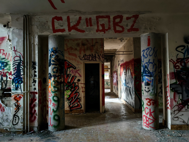 Verlassenes Gebäude mit Graffiti-bedeckten Wänden und Säulen, sichtbarer Boden, freiliegende Rohre und eine Tür im Hintergrund, die städtische Verwahrlosung darstellend.