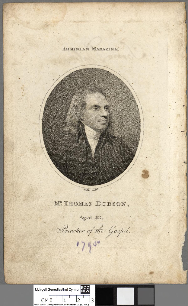 Porträt von Herrn Thomas Dobson, einem Prediger, mit ernstem Gesichtsausdruck, dunklem Haar und einem weißen Hemd und schwarzer Weste, mit verschränkten Händen.