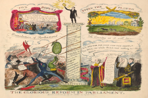 Ein buntes Papier mit fettem Text und Bildern von verschiedenen, lächelnden Menschen, das eine Parlamentsreform mit Hoffnung und Optimismus darstellt.