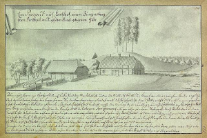 Ein altes Dokument, das eine Farm in einem Feld umgeben von Häusern, Bäumen und einem Himmel zeigt, mit der Inschrift "Surgensburg, Deutschland - Landschaft einer Farm" darauf.
