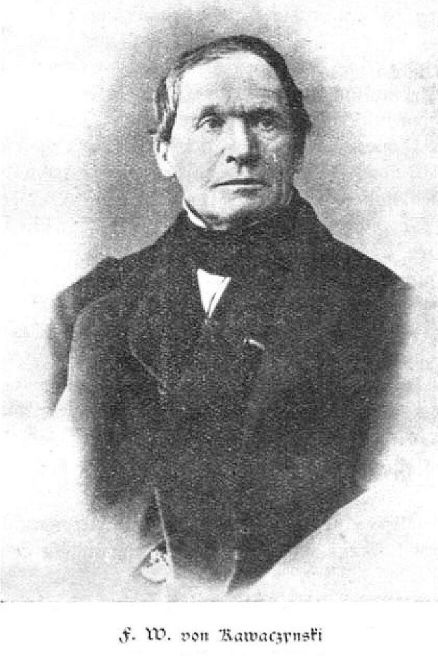 Schwarzes und weißes Porträt eines Mannes in einem Anzug, der mutmaßlich F. W. von Kawaczynski ist, Gründer der jüdischen Gemeinde.