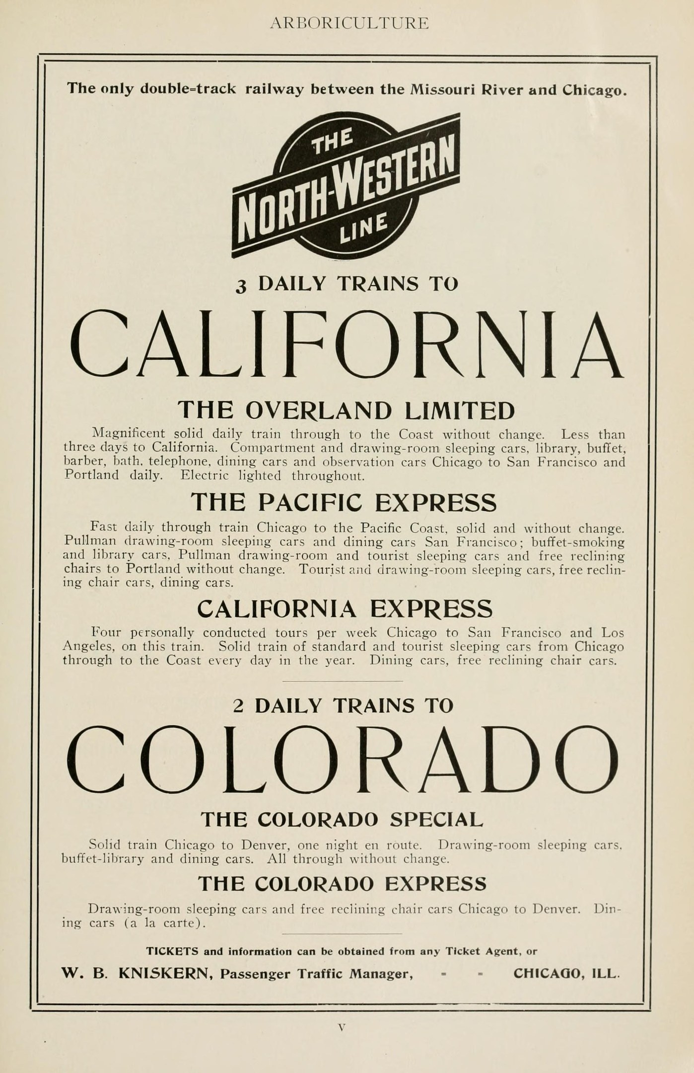 Zeitung mit gedrucktem Text, der werktägliche Züge nach Kalifornien, The Overland Limited, The Pacific Express und Colorado auf der North Western Line ankündigt.