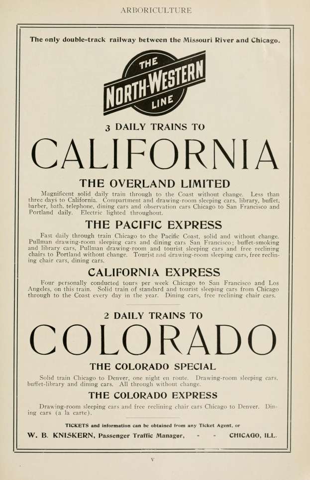 Zeitung mit gedrucktem Text, der werktägliche Züge nach Kalifornien, The Overland Limited, The Pacific Express und Colorado auf der North Western Line ankündigt.