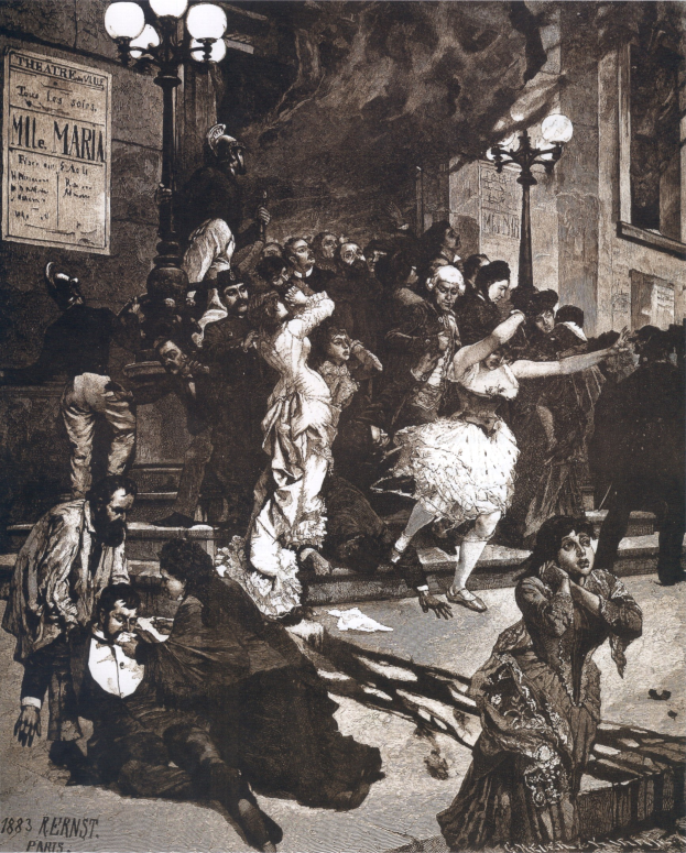 Schwarze und weiße Illustration von Menschen, die vor einem Gebäude mit Laternen und einer Wandtafel tanzen, mit der Beschriftung 'Der Tanz der Oper' unten.