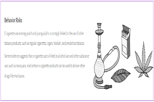 Ein Plakat mit einer Wasserpfeife, Marihuanablättern und einer Zigarette, mit Text über den Zusammenhang zwischen E-Zigarettengebrauch und anderen Tabakprodukten bei Jugendlichen und jungen Erwachsenen.