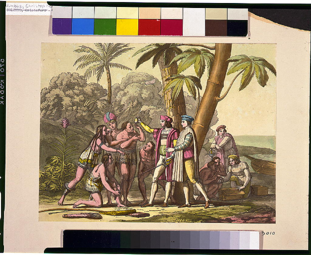 Eine Gruppe von Menschen steht um einen Palmenbaum herum, einige halten Gegenstände, mit Bäumen, Pflanzen und einem Gewässer im Hintergrund und Text am unteren Bildrand.