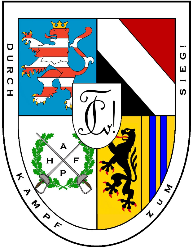 Das Wappen von Stuttgart zeigt zwei Löwen, die ein Schild mit einer Krone flankieren, ein Banner mit 'Stuttgart' in der Mitte, einen Lorbeerkranz um das Schild und ein rot-weißes Karomuster oben.