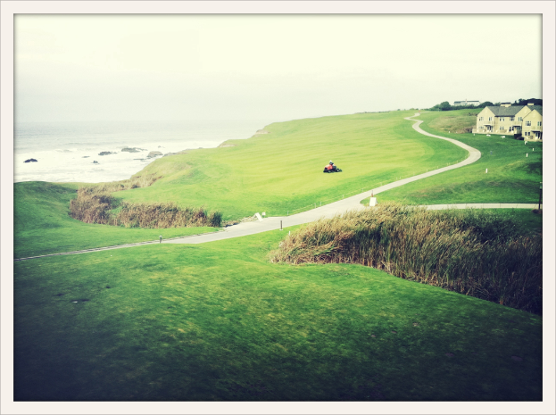 Landschaftsbild mit Unkraut und Feldern im Vordergrund, einem Traktor und einem Weg in der Mitte, Häusern und Bäumen oben rechts, Wasser oben links und einem bewölkten Himmel.