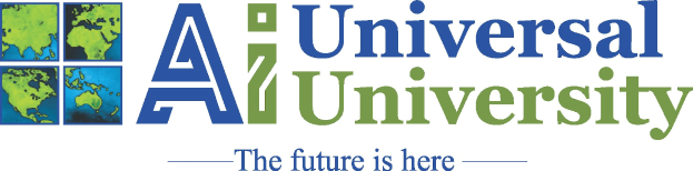 Ein blauer Kreis mit einer weißen Umrandung und einem weißen Stern in der Mitte, umgeben von einem weißen Ring mit dem Text "Universal University" in blau und dem Satz "Die Zukunft ist Hier" in fetter schwarzer Schrift darunter.