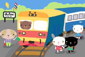 Ein animiertes Bild mit Cartoon-Tieren, einem Zug in der Mitte, Bäumen, einer Tafel und zwei Flaggen im Hintergrund.