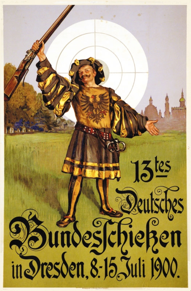 Ein Plakat, das ein Ereignis am 13. Juli in Dresden, Deutschland, ankündigt und eine Person mit einer Waffe zeigt, umgeben von Bäumen und Gebäuden, sowie Text mit Informationen zum Ereignis.