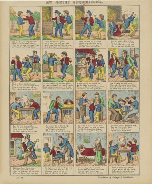 Offenes Buch mit einer Comic-Seite mit einem Cartoon-Mann und einer Frau, die sich unterhalten, begleitet von Dialogtext.