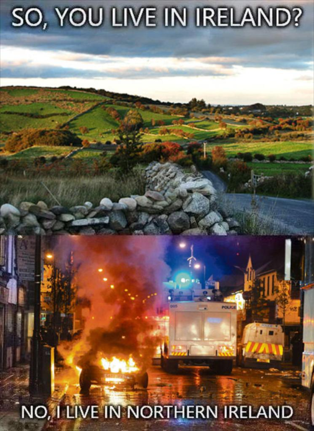 Oberes Bild: eine Landschaft mit Gras, Bergen und Vegetation. Unteres Bild: Fahrzeuge auf einer Stra√üe mit Feuer.