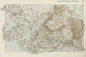 Eine Karte von Deutschland aus dem 19. Jahrhundert, die die politischen Teilungen des Landes zeigt, gedruckt auf altem Papier mit Text oben und unten.
