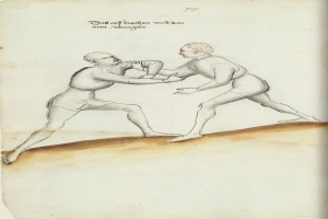 Zwei Männer kämpfen, wobei einer einen Schlag austeilt und auf einem Papier mit Text steht, der die Szene beschreibt.