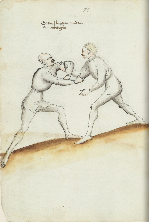 Zwei Männer kämpfen, wobei einer einen Schlag austeilt und auf einem Papier mit Text steht, der die Szene beschreibt.