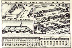 Ausführliche Abbildung eines deutschen Krankenhausgebäudes mit sichtbaren Fenstern, Türen und Balkonen, begleitet von erklärendem Text.