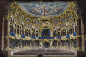 Ein Bild, das das Innere eines prunkvollen Theaters mit detaillierten Deckenentwörfen, geschnitzten Säulen, Geländern, Vorhängen und einem Teppichboden zeigt, gekrönt von einem weiteren Bild.