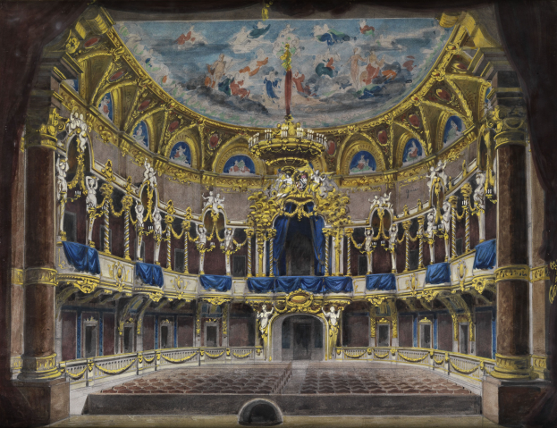 Ein Bild, das das Innere eines prunkvollen Theaters mit detaillierten Deckenentwörfen, geschnitzten Säulen, Geländern, Vorhängen und einem Teppichboden zeigt, gekrönt von einem weiteren Bild.