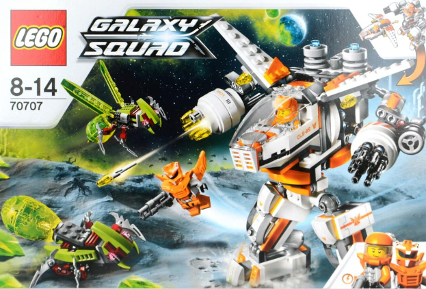 Ein Plakat, das einen von animierten Personen bedienten Roboter zeigt, mit künstlichen Vögeln, Planeten, Boden, Sternen, einem Wasserzeichen und Text.