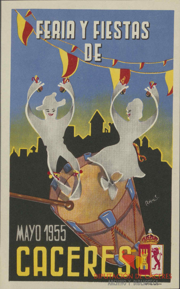 Ein buntes Plakat wirbt für das Karnevalsfest "Feria y Fiestas de Caceres" in Cacceres, Spanien, mit Menschen in traditioneller Kleidung, einem hellgelben Hintergrund und Veranstaltungseinzelheiten.