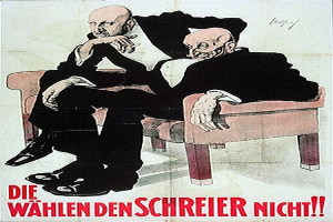 Ein deutsches Propagandaplakat der Nazi-Partei, das zwei Männer auf einem Sofa zeigt, mit Text, der Informationen über die Partei enthält.